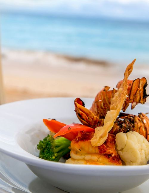 A sunny beach scene with a plated dish in the foreground&mdash;crispy fries or chips, broccoli, and a colorful veggie garnish atop a seafood or protein dish, set against the shore and blue ocean; delicious seaside meal.